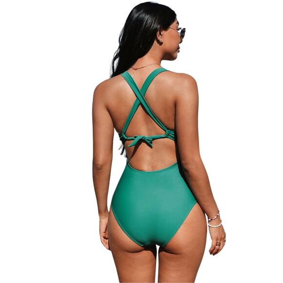Cupshe Women's Ruched Cross Back One Piece Swimsuit Green Size Large - Picture 3 of 7